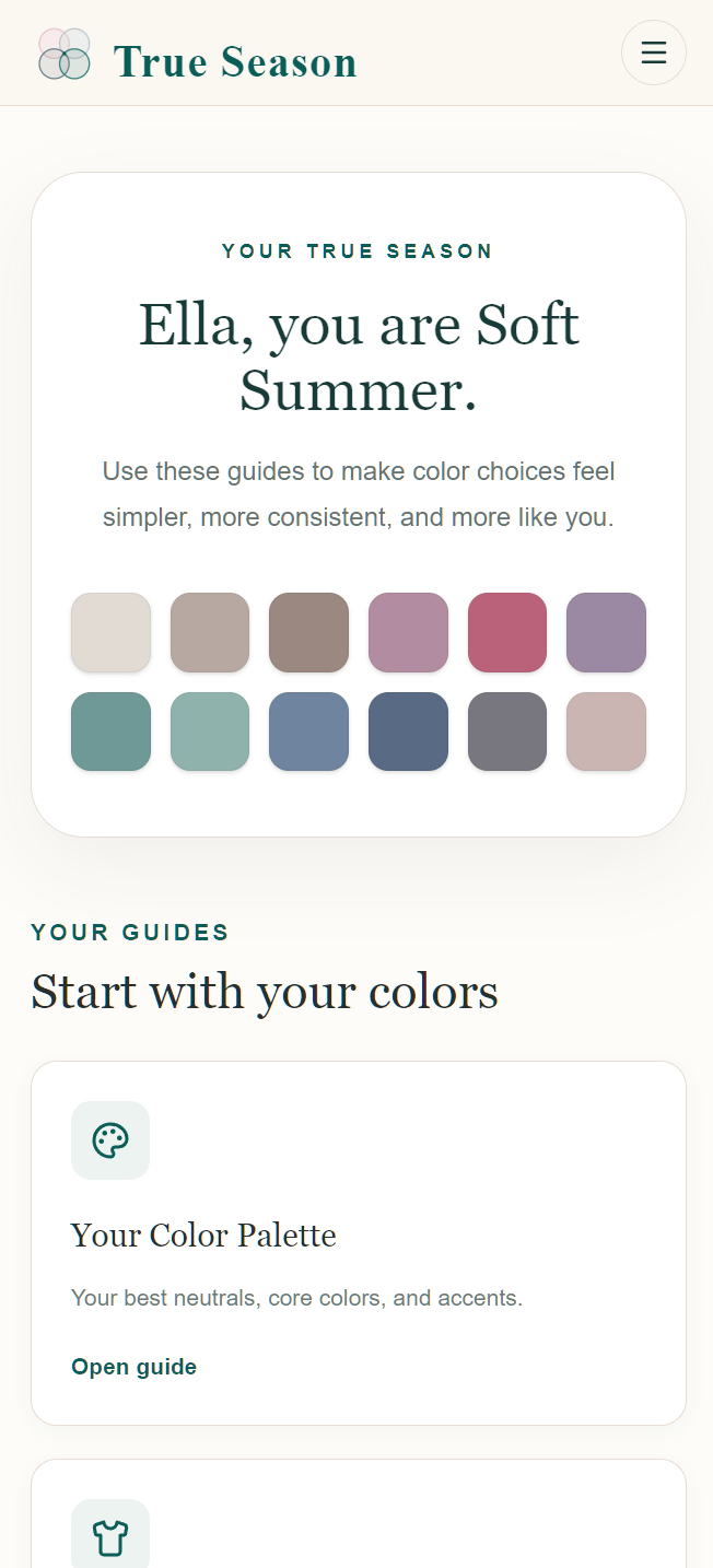 Mobile client dashboard showing a Soft Summer result and color palette